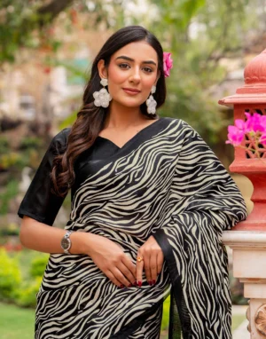 Black Khadi Printed Saree for Elegant Ethnic & Casual Wear